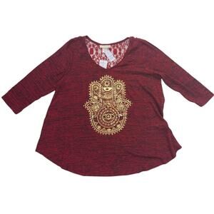 Nwt tru self maroon knit gold hand graphic blouse with lace detail small